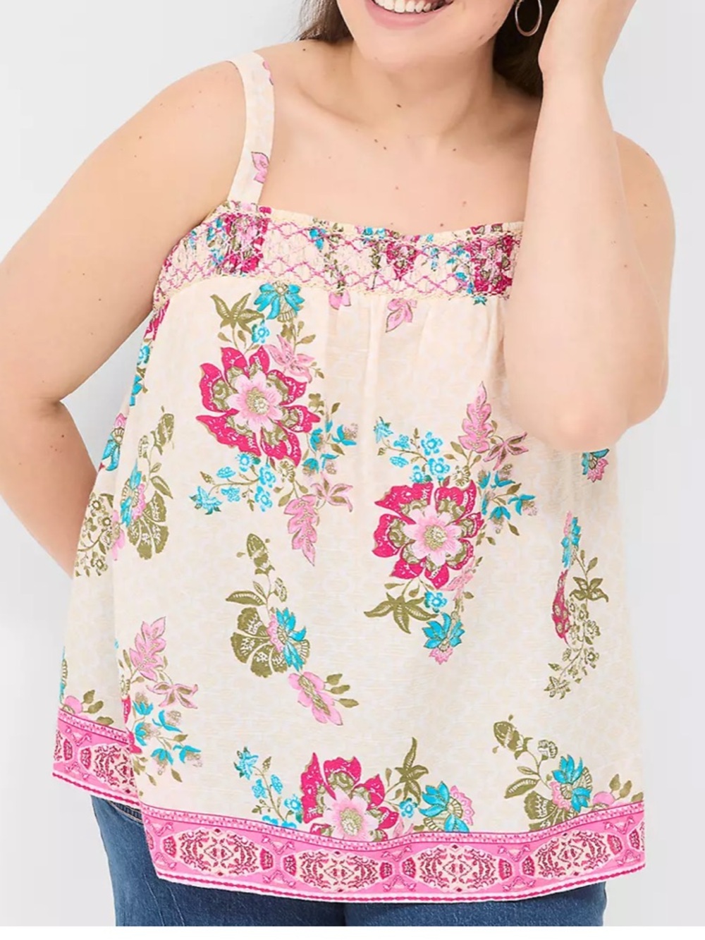 Lane Bryant Relaxed Smocked Square-Neck Tank top multi floral pink cream 16